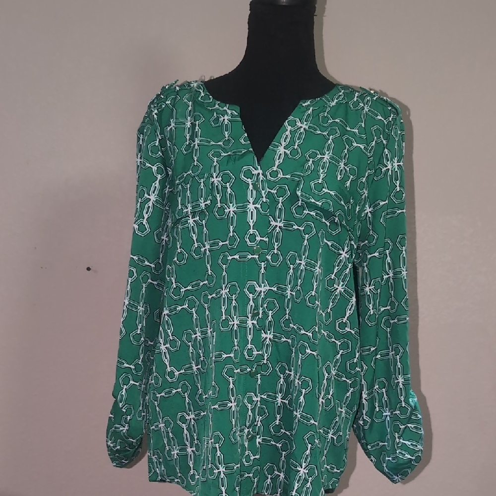 Adrienne Vittadini Emerald Chain Print Blouse